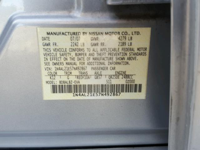 1N4AL21E57N492867 - 2007 NISSAN ALTIMA 2.5 SILVER photo 10