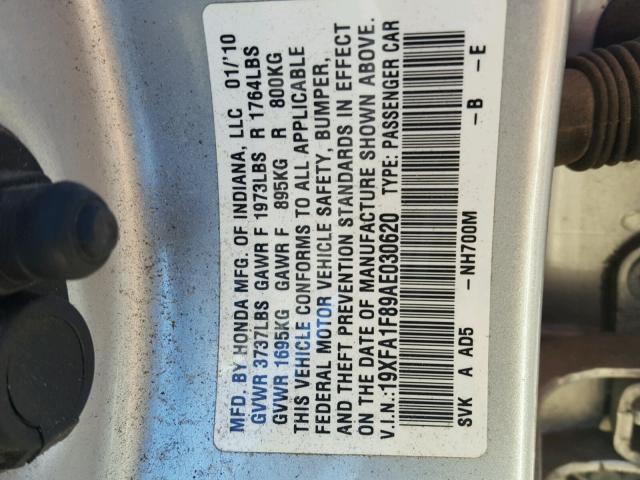 19XFA1F89AE030620 - 2010 HONDA CIVIC EX SILVER photo 10