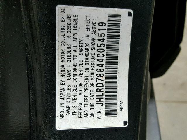 JHLRD78844C054519 - 2004 HONDA CR-V EX შავი ფოტო 10