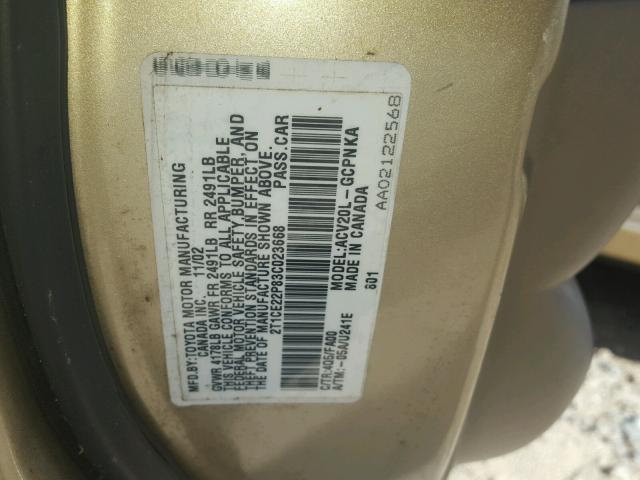 2T1CE22P83C023668 - 2003 TOYOTA CAMRY SOLA GOLD photo 10