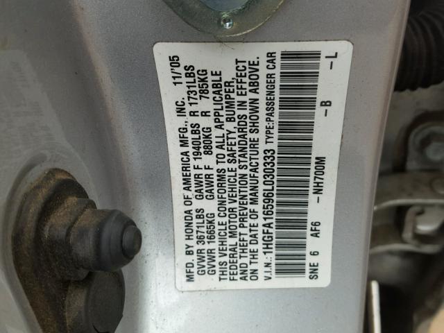 1HGFA16596L030333 - 2006 HONDA CIVIC LX SILVER photo 10