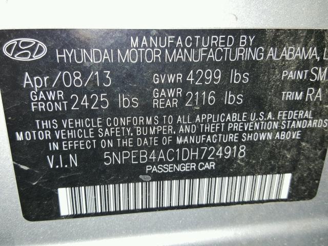 5NPEB4AC1DH724918 - 2013 HYUNDAI SONATA GLS SILVER photo 10