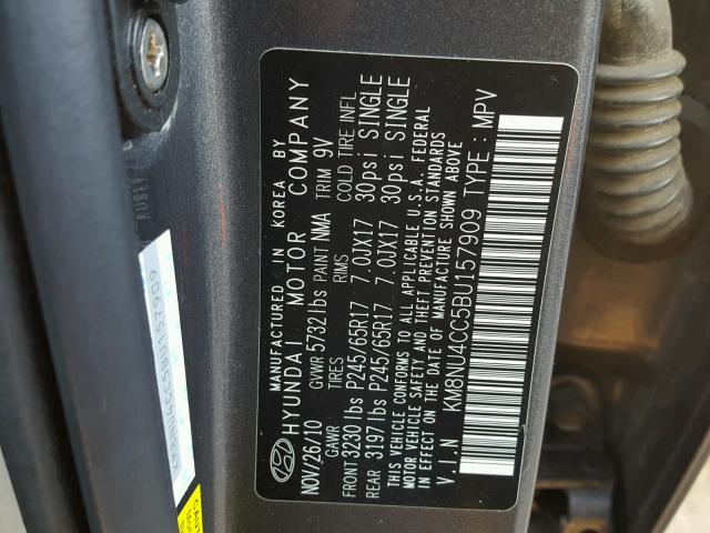 KM8NU4CC5BU157909 - 2011 HYUNDAI VERACRUZ G GRAY photo 10