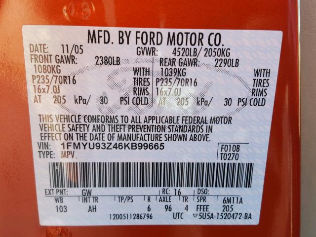 1FMYU93Z46KB99665 - 2006 FORD ESCAPE XLT ORANGE photo 10