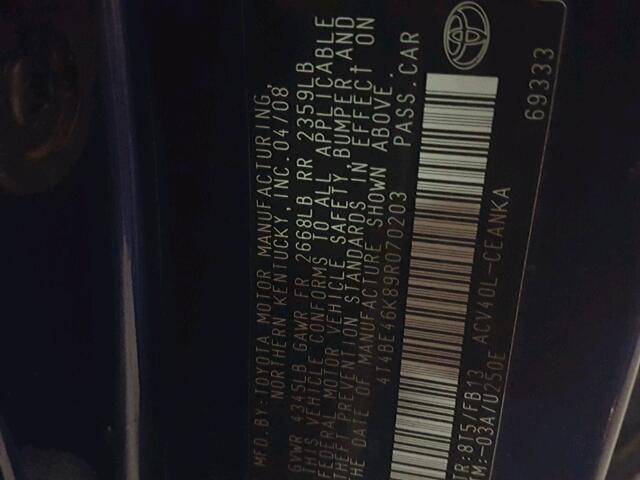 4T4BE46K89R070203 - 2009 TOYOTA CAMRY BASE BLUE photo 10