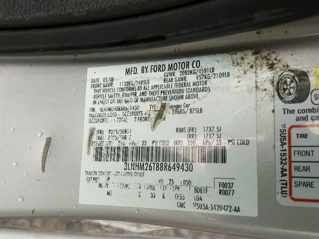 3LNHM26T88R649430 - 2008 LINCOLN MKZ SILVER photo 10