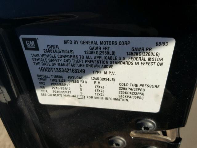 1GKDT13S342163249 - 2004 GMC ENVOY BLACK photo 10