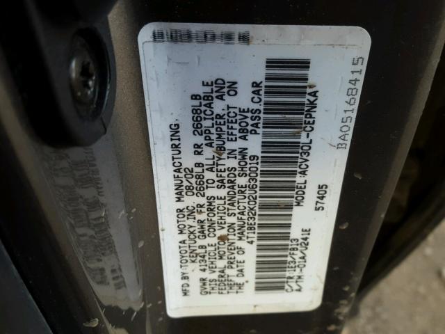 4T1BE32K02U630019 - 2002 TOYOTA CAMRY LE CHARCOAL photo 10