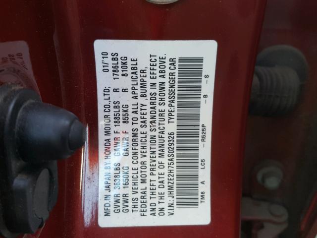 JHMZE2H75AS029326 - 2010 HONDA INSIGHT EX RED photo 10