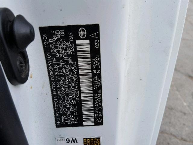 JTKDE167770199063 - 2007 TOYOTA SCION TC 白色 照片 10