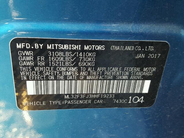 ML32F3FJ3HHF19233 - 2017 MITSUBISHI MIRAGE G4 BLUE photo 10