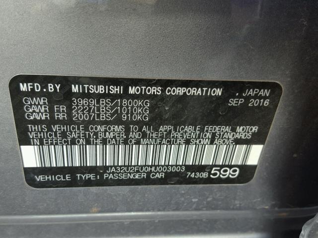 JA32U2FU0HU003003 - 2017 MITSUBISHI LANCER ES SILVER photo 10