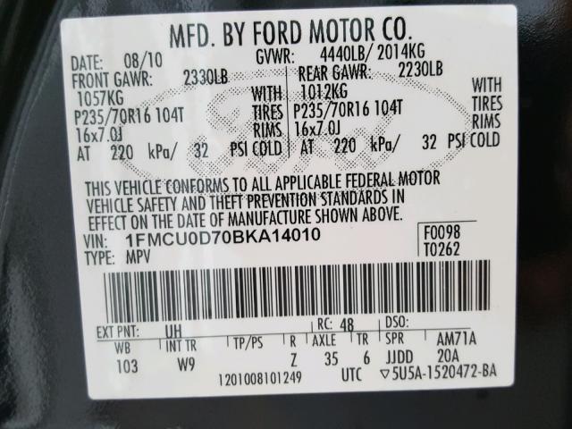 1FMCU0D70BKA14010 - 2011 FORD ESCAPE XLT BLACK photo 10