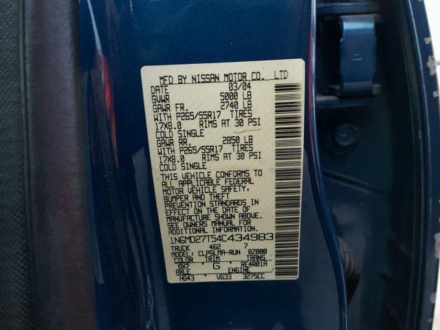 1N6MD27T54C434983 - 2004 NISSAN FRONTIER C BLUE photo 10