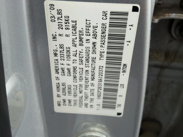 1HGCP26319A120372 - 2009 HONDA ACCORD LX SILVER photo 10