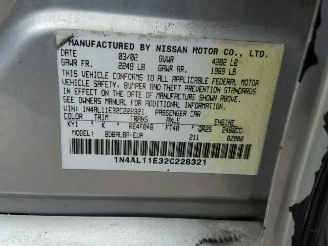 1N4AL11E32C228321 - 2002 NISSAN ALTIMA BAS BLACK photo 10