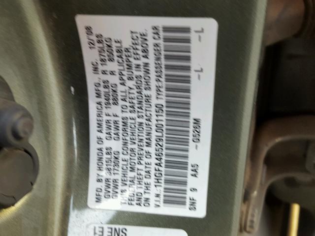 1HGFA46529L001150 - 2009 HONDA CIVIC GX GREEN photo 10