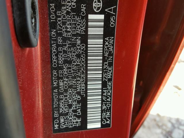 JTDBR32E252065730 - 2005 TOYOTA COROLLA CE RED photo 10