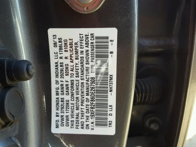 19XFB2F86DE267508 - 2013 HONDA CIVIC EX ნაცრისფერი ფოტო 10