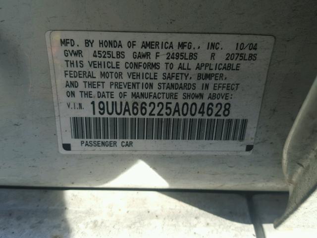 19UUA66225A004628 - 2005 ACURA TL WHITE photo 10