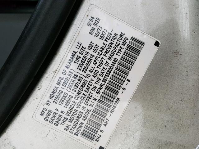 5FNRL38755B004443 - 2005 HONDA ODYSSEY EX SILVER photo 10