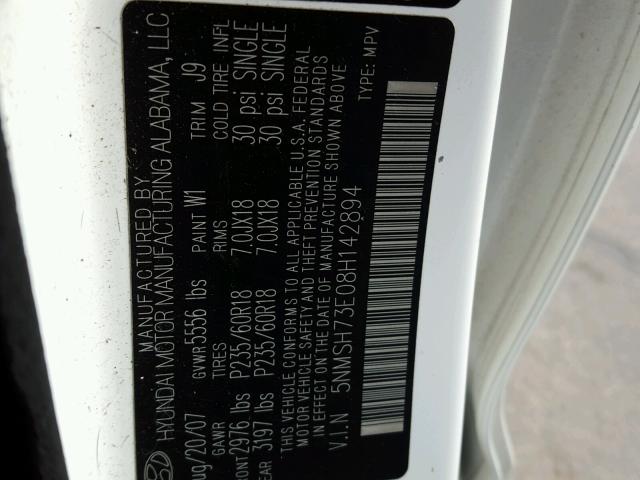 5NMSH73E08H142894 - 2008 HYUNDAI SANTA FE S 白色 照片 10