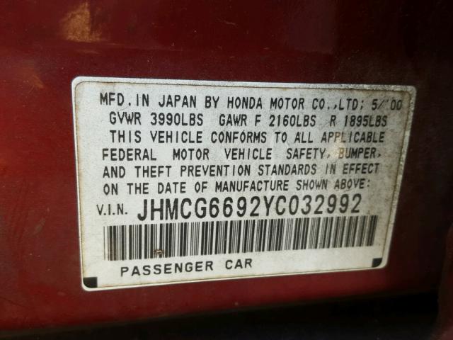 JHMCG6692YC032992 - 2000 HONDA ACCORD SE RED photo 10