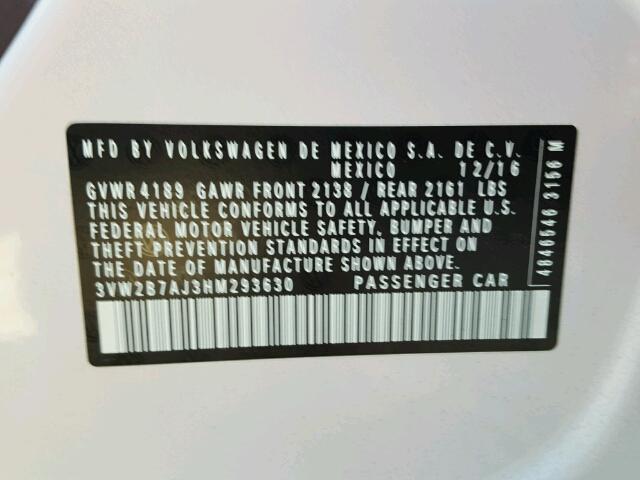 3VW2B7AJ3HM293630 - 2017 VOLKSWAGEN JETTA S Ağ foto 10
