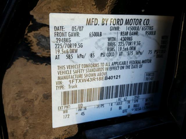 1FTXW43R18EB40121 - 2008 FORD F450 SUPER BLACK photo 10