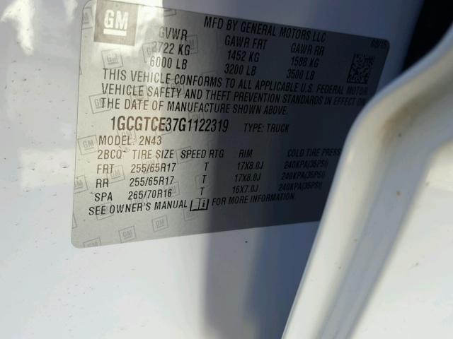 1GCGTCE37G1122319 - 2016 CHEVROLET COLORADO L WHITE photo 10