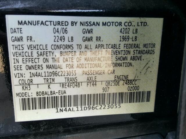 1N4AL11D96C223055 - 2006 NISSAN ALTIMA S BLACK photo 10