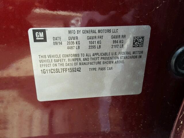 1G11C5SL7FF159242 - 2015 CHEVROLET MALIBU 1LT BURGUNDY photo 10