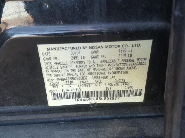 1N4BA41E88C806837 - 2008 NISSAN MAXIMA SE BLACK photo 10