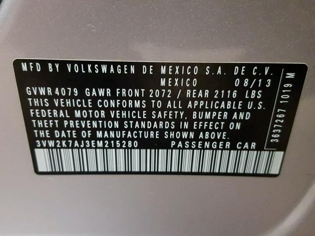 3VW2K7AJ3EM215280 - 2014 VOLKSWAGEN JETTA BASE 银色 照片 10