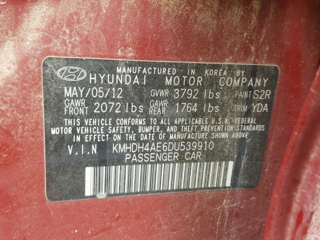 KMHDH4AE6DU539910 - 2013 HYUNDAI ELANTRA GL RED photo 10