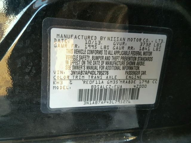 3N1AB7AP4DL795276 - 2013 NISSAN SENTRA S BLACK photo 10