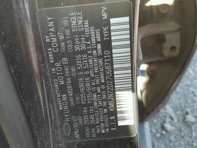 KM8JN72D27U687110 - 2007 HYUNDAI TUCSON SE BLACK photo 10