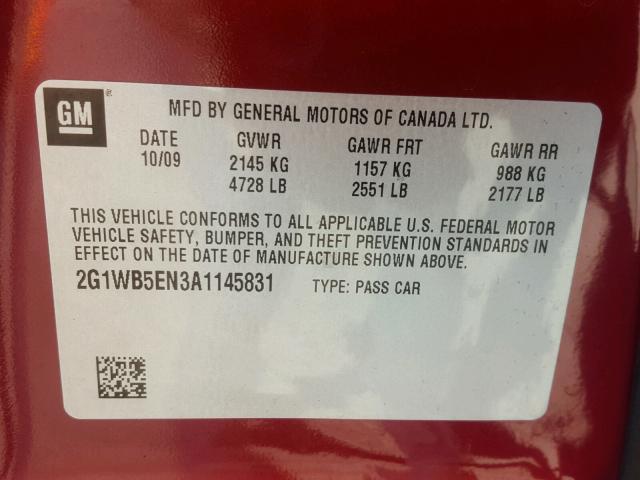 2G1WB5EN3A1145831 - 2010 CHEVROLET IMPALA LT MAROON photo 10