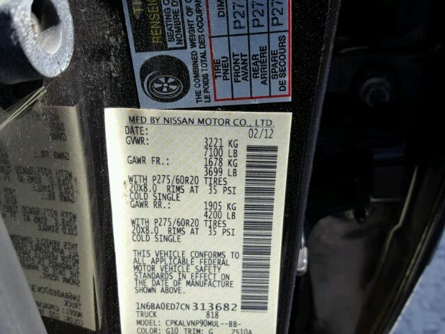 1N6BA0ED7CN313682 - 2012 NISSAN TITAN S BLACK photo 10