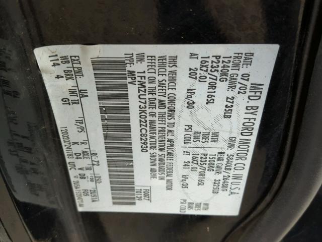 1FMZU73K02ZC82930 - 2002 FORD EXPLORER X BLACK photo 10