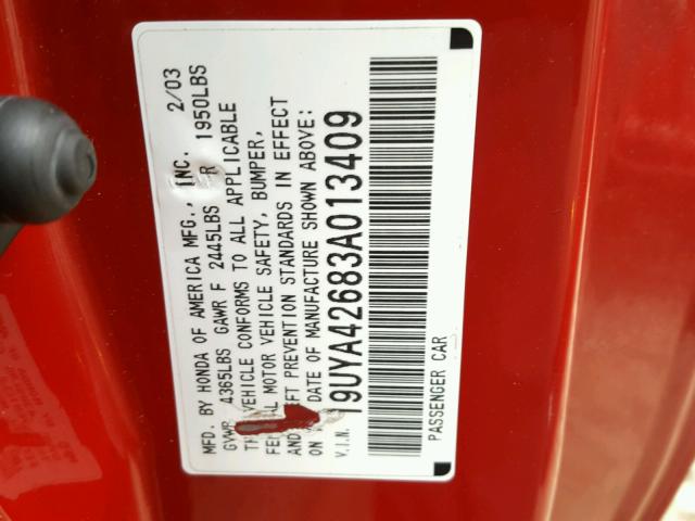 19UYA42683A013409 - 2003 ACURA 3.2CL TYPE RED photo 10