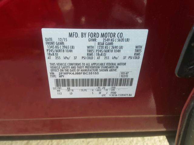 2FMPK4J88FBC35155 - 2015 FORD EDGE SEL BURGUNDY photo 10