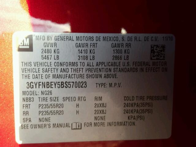 3GYFNBEY5BS570023 - 2011 CADILLAC SRX PERFOR RED photo 10