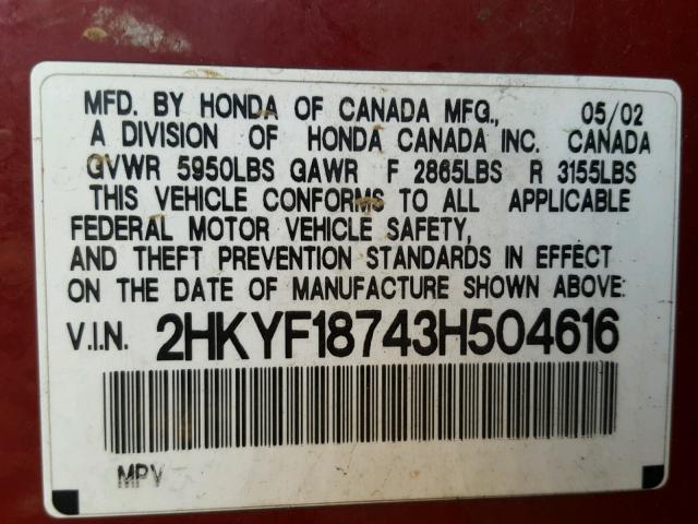 2HKYF18743H504616 - 2003 HONDA PILOT EXL RED photo 10