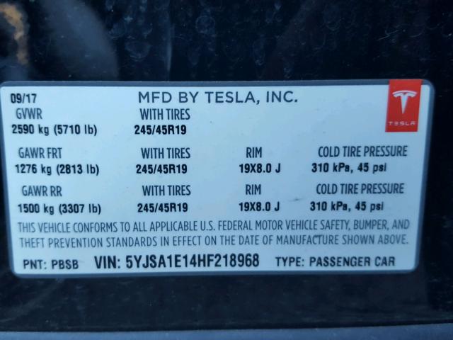5YJSA1E14HF218968 - 2017 TESLA MODEL S BLACK photo 10