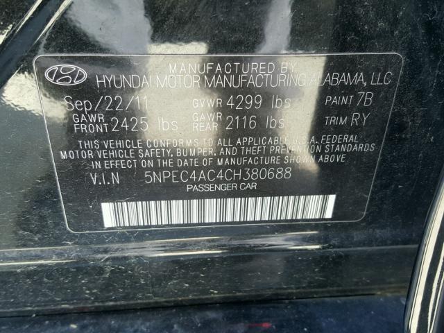 5NPEC4AC4CH380688 - 2012 HYUNDAI SONATA SE BLACK photo 10