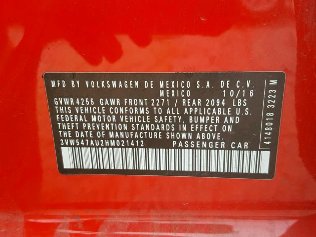 3VW547AU2HM021412 - 2017 VOLKSWAGEN GTI SPORT RED photo 10