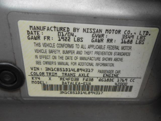 3N1CB51D14L894317 - 2004 NISSAN SENTRA 1.8 SILVER photo 10