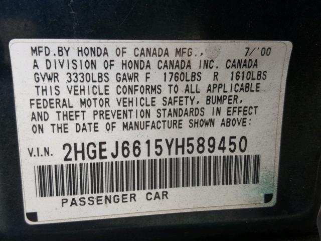 2HGEJ6615YH589450 - 2000 HONDA CIVIC BASE GREEN photo 10