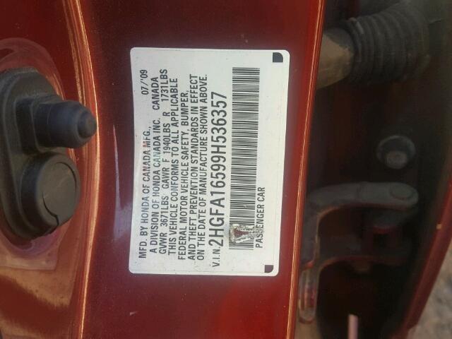 2HGFA16599H536357 - 2009 HONDA CIVIC LX RED photo 10